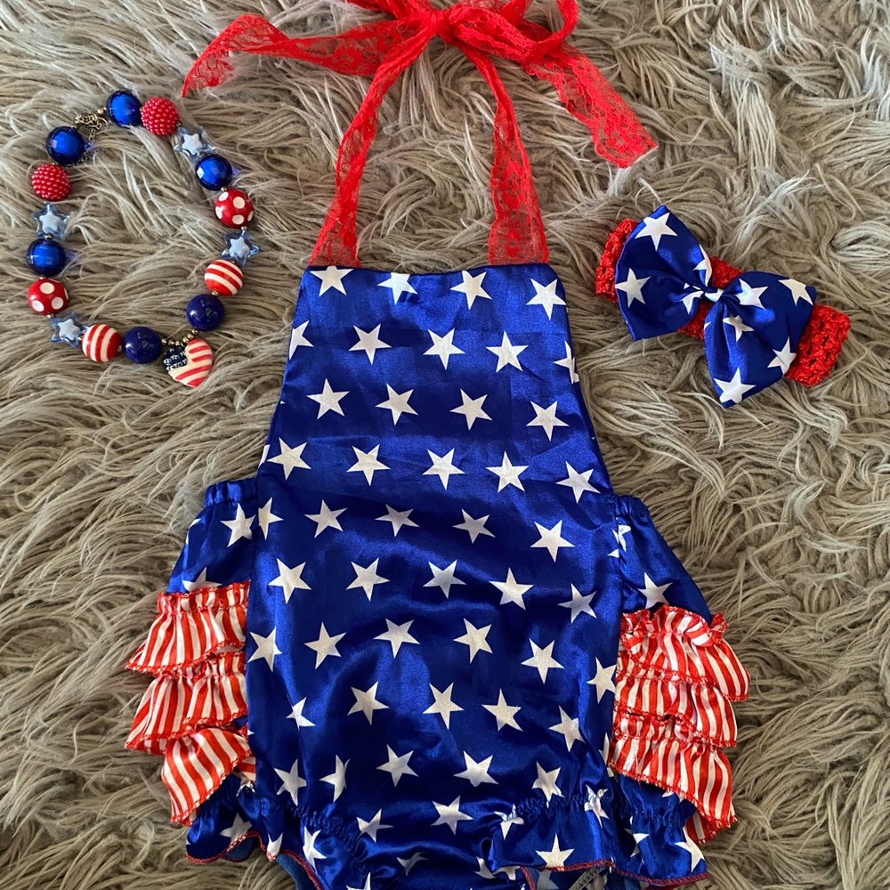 Patriotic Blue Star Baby Romper with Red Ruffle Accents 4th of July